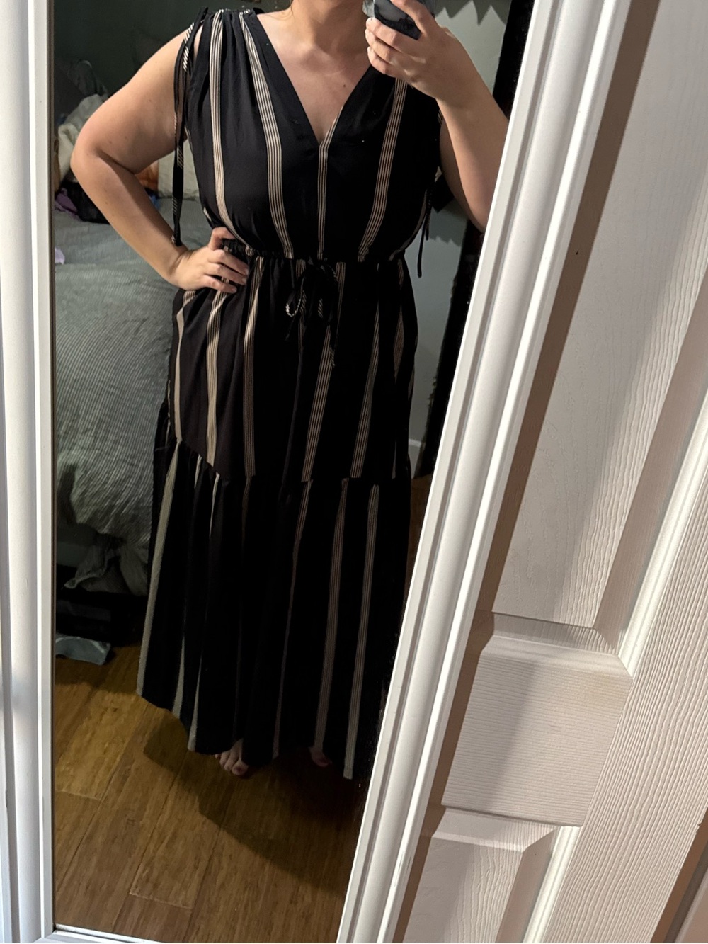 Calvin Klein Size 12 Black Striped Maxi Dress | Elegant Sleeveless Tiered Dress